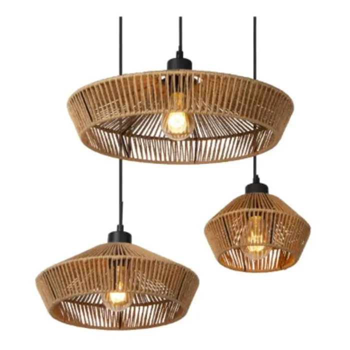 Hanglamp 3 lampen gevlochten papier rotan look