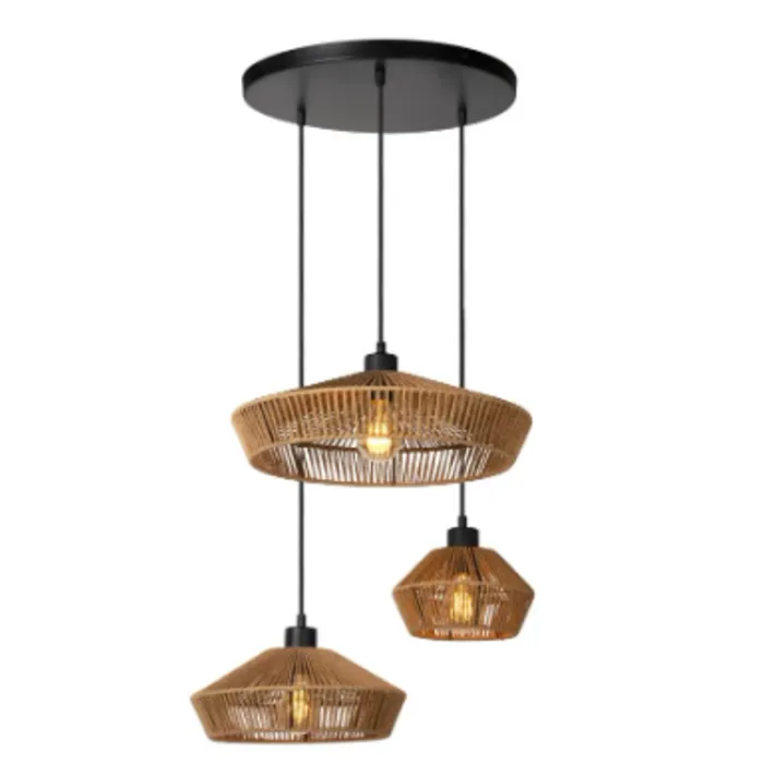 Hanglamp 3 lampen gevlochten papier rotan look