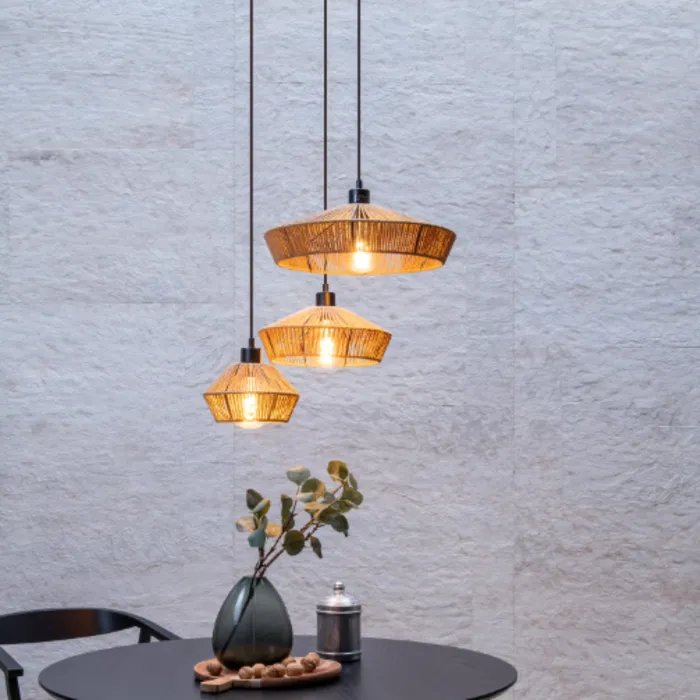 Hanglamp 3 lampen gevlochten papier rotan look