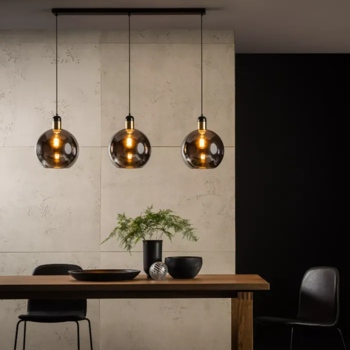 3 lichts hanglamp bollen rookglas 3xE27
