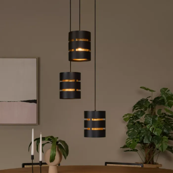 Trio hanglamp zwart met goud voor boven ronde tafel 3xE27