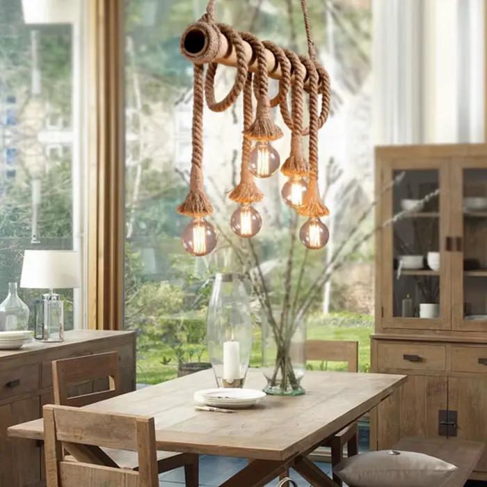 Hanglamp met touw en hout 4xE27 of 5xE27