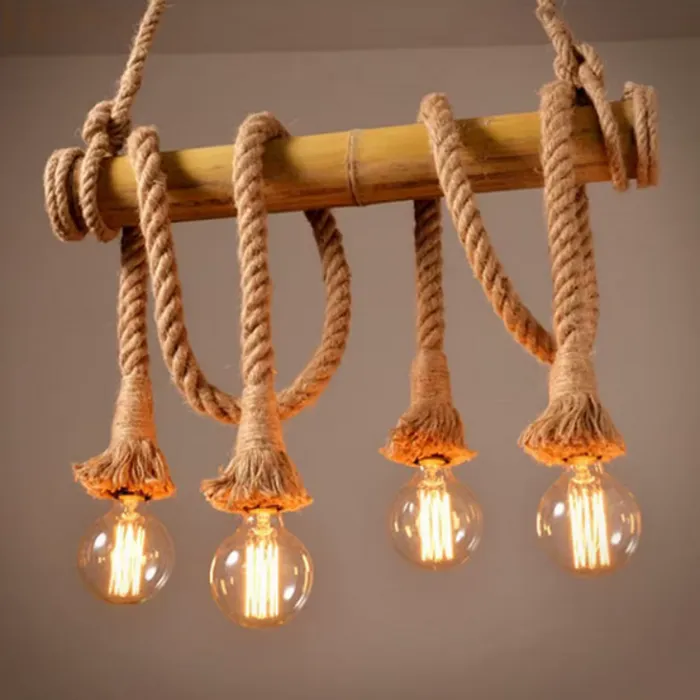 Hanglamp met touw en hout 4xE27 of 5xE27