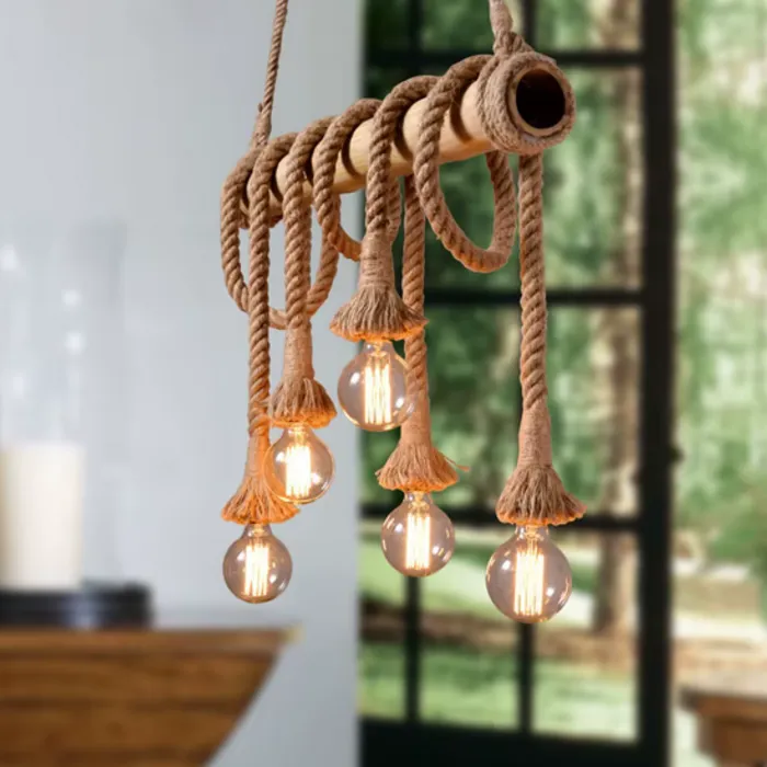 Hanglamp met touw en hout 4xE27 of 5xE27