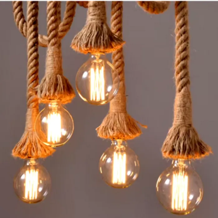 Hanglamp met touw en hout 4xE27 of 5xE27