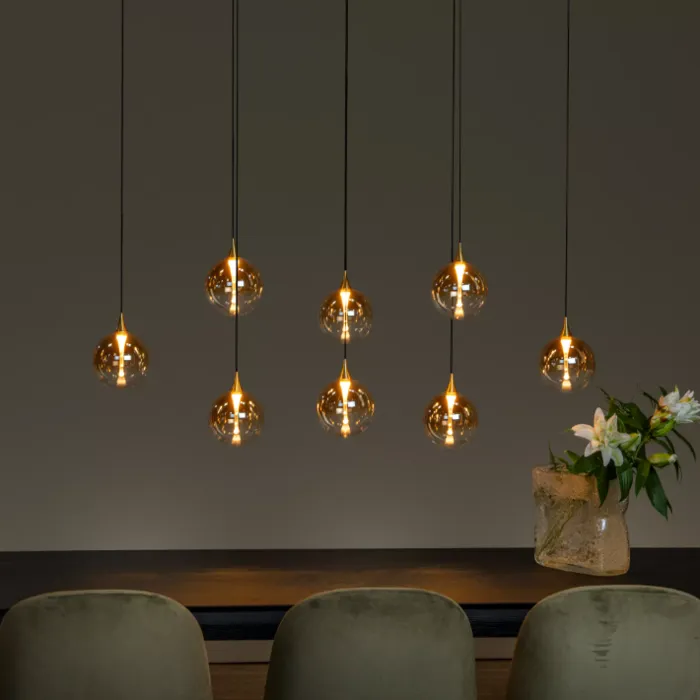 Hanglamp 8 glazen bollen design 8x3,9W amber of transparant