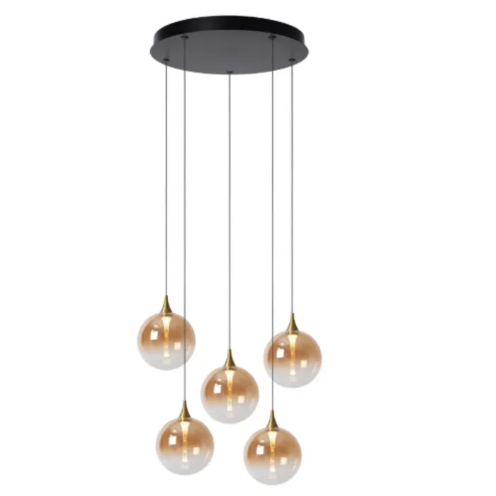 Hanglamp 5 glazen bollen 5x3,8W transparant of amber dimbaar