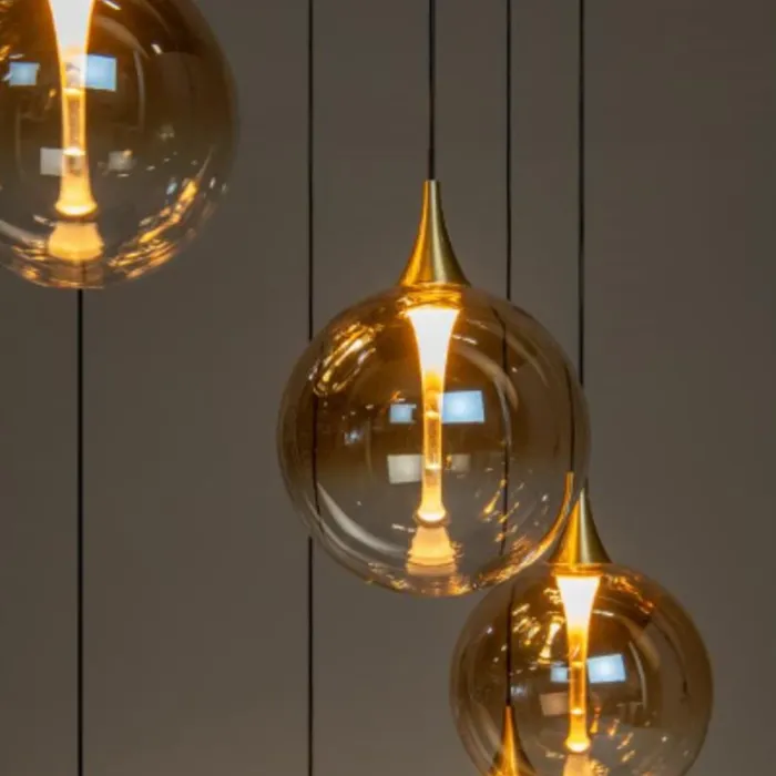 Hanglamp 5 glazen bollen 5x3,8W transparant of amber dimbaar