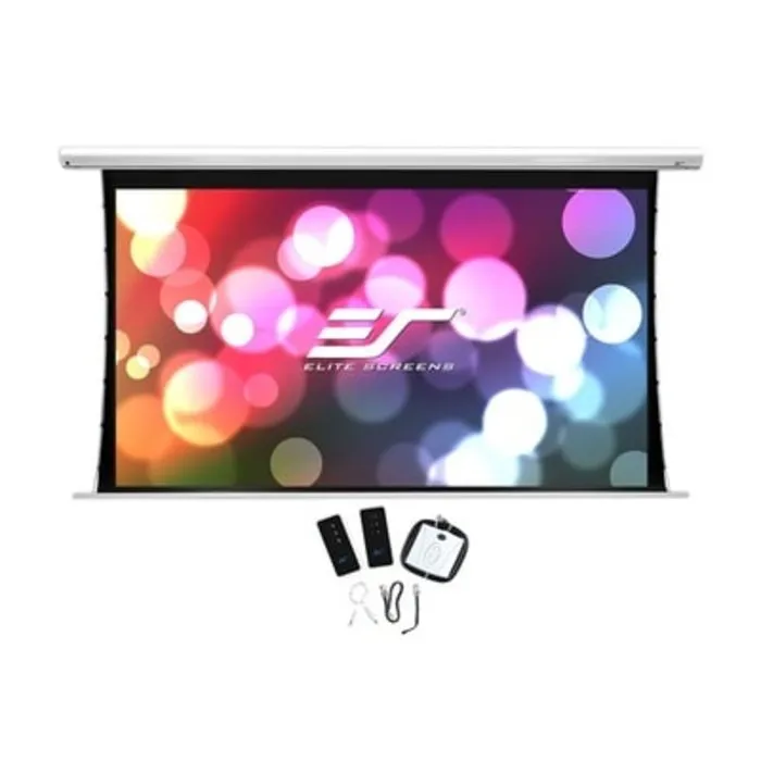 Elite Screens Elite Screens Saker Tab-Tension 120 inch Elektrisch Projectiescherm 16:9 (266 x 149 cm / Black drop 25 cm) – MaxWhite® Fiberglass Doek, Tab-Tension Beamerscherm met Witte Behuizing voor Normal & Long Throw Projectoren (Model SKT120XHW-E10)