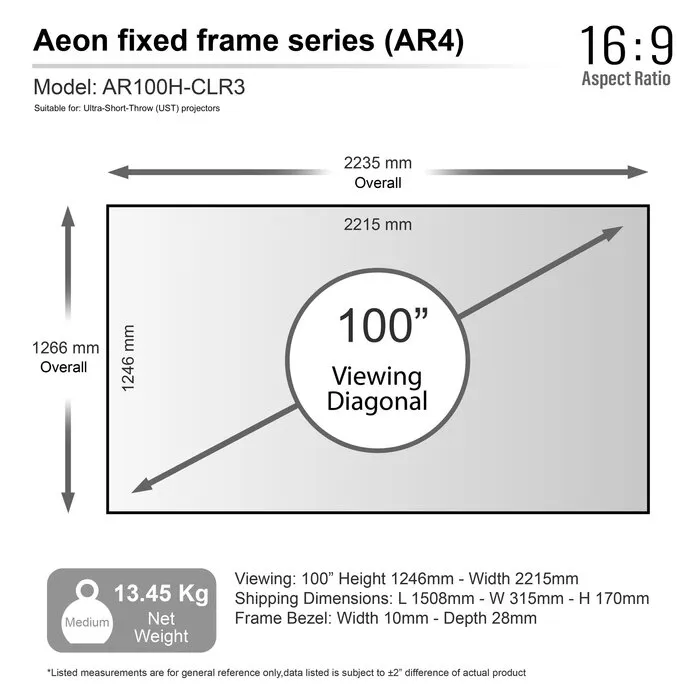 Elite Screens Elite Screens AEON Edge Free 100 inch UST Projectiescherm 16:9 (222 x 125 cm) - Fixed Frame CLR® 3 Scherm voor Ultra Short Throw Beamers (Model AR100H-CLR3)