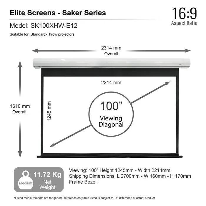 Elite Screens Elite Screens Saker Premium 120 inch Elektrisch Projectiescherm 16:9 (266 x 149 cm / Black drop 25 cm) – MaxWhite® Fiberglass Doek, Motorisch Beamerscherm met Witte Behuizing voor Normal Throw Projectoren (Model SK120XHW-E10)