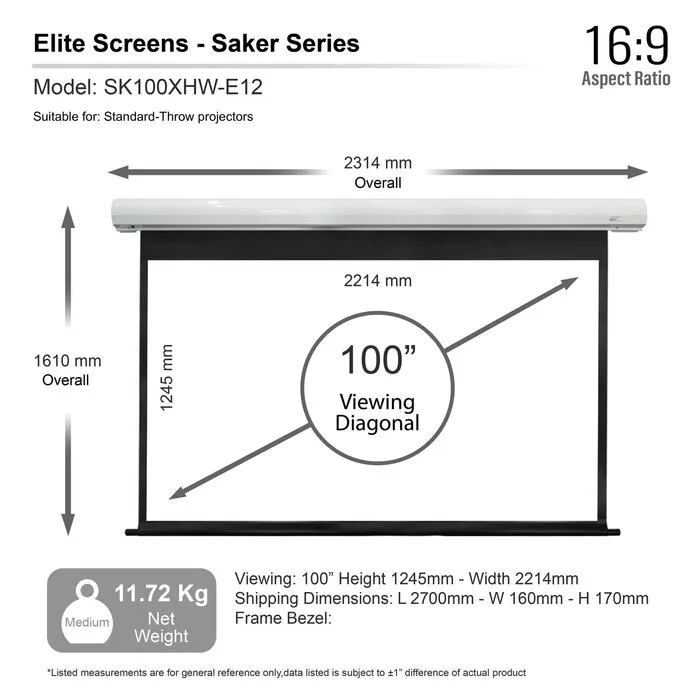 Elite Screens Elite Screens Saker Premium 84 inch Elektrisch Projectiescherm 16:9 (186 x 105 cm / Black drop 30 cm) – MaxWhite® Fiberglass Doek, Motorisch Beamerscherm met Witte Behuizing voor Normal Throw Projectoren (Model SK84XHW-E12)