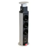 Axessline popup steckdosenleiste mit 3 steckdosen und 2 usb-anschlüssen silbergrau