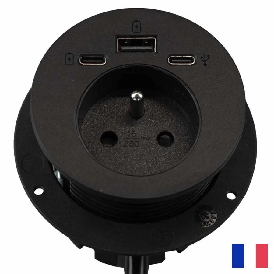Ergopro Powerspot Erdungsstift BE/FR (UTE) mit USB-A- und USB-C-Ladegerät sowie USB-C-Anschluss, Ø 60 mm, schwarz