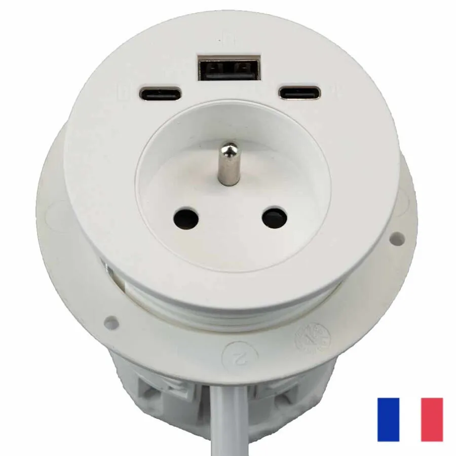 Ergopro Powerspot Erdungsstecker BE/FR (UTE) mit USB-A- und USB-C-Ladeanschluss sowie USB-C-Anschluss, Ø 60 mm, weiß