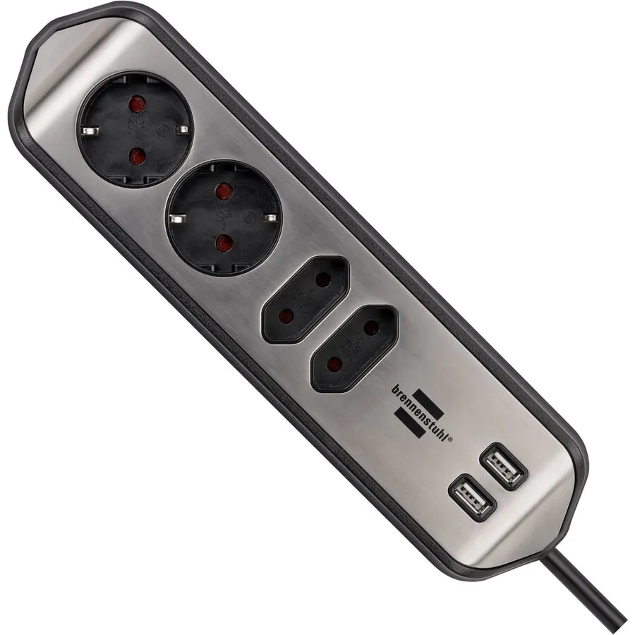 Brennenstuhl Estilo Ecksteckdosenleiste mit USB-Ladeanschlüssen - Edelstahl/Schwarz