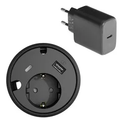 Powerdot 16 mit 1x USB-A-Ladegerät und 1x USB-C-Ladeset, Ø 79 mm, schwarz