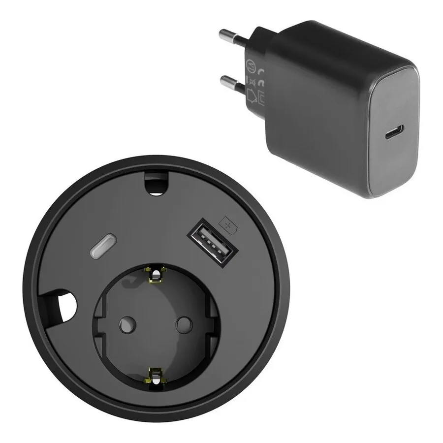 Powerdot 16 mit 1x USB-A-Ladegerät und 1x USB-C-Ladeset, Ø 79 mm, schwarz