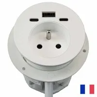 Ergopro Powerspot Erdungsstecker BE/FR (UTE) mit USB-A- und USB-C-Ladeanschluss sowie USB-C-Anschluss, Ø 60 mm, weiß