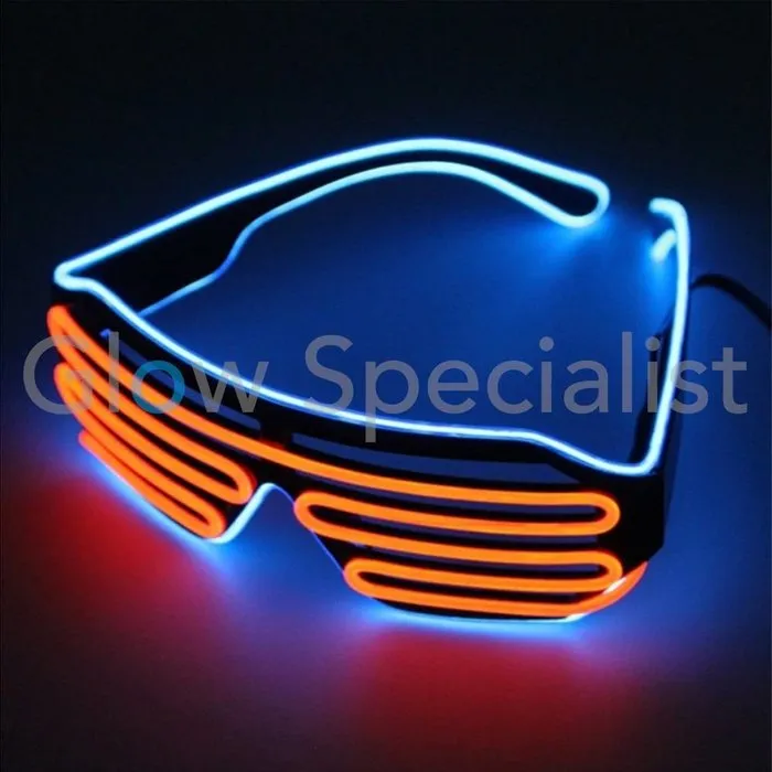 EL-WIRE SHUTTER GLASSES - BLACK FRAME - RED-ORANGE/BLUE LED