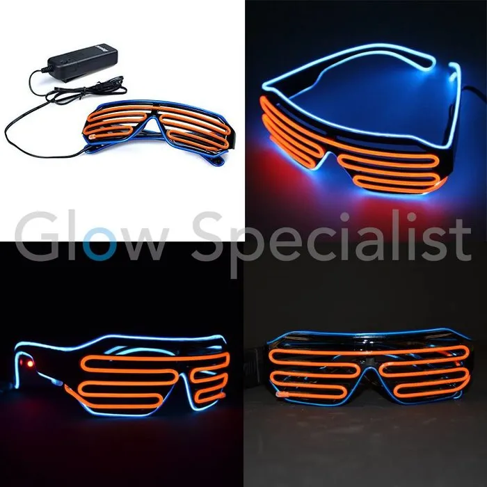 EL-WIRE SHUTTER GLASSES - BLACK FRAME - RED-ORANGE/BLUE LED