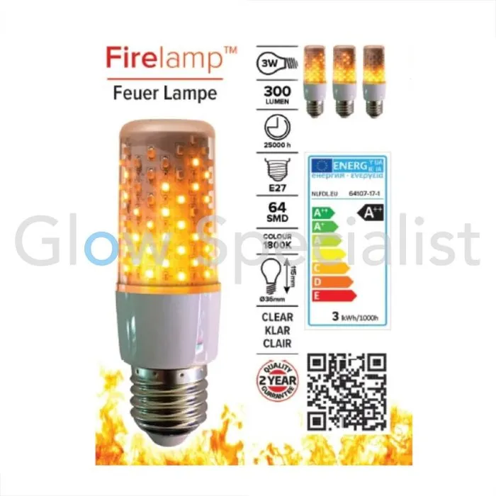 Firelamp FIRELAMP™ 3W - 300 LUMEN - E27M - 64 SMD - 1800K - CLEAR