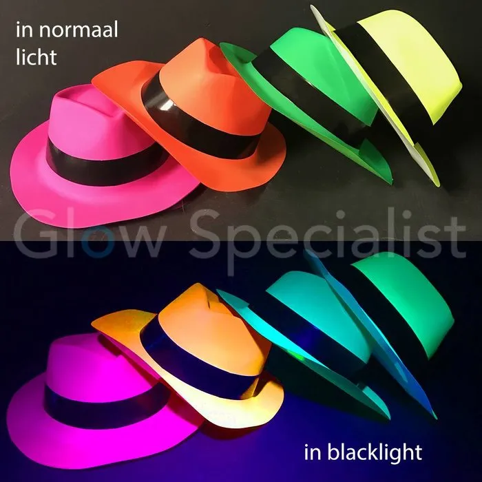UV / BLACKLIGHT GANGSTER HOED - NEON GROEN - 12 STUKS