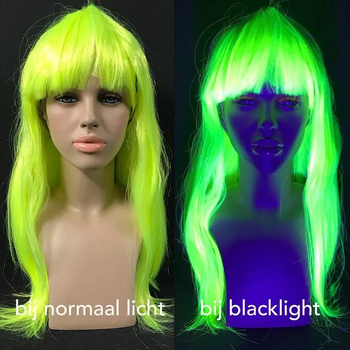 Glow Specialist NEON GELE PRUIK - LANG STEIL HAAR MET PONY