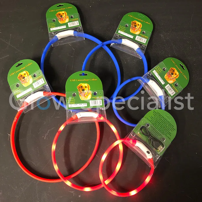 LED DOG COLLAR - RECHARGEABLE WITH USB CABLE - RED - 3 SIZES