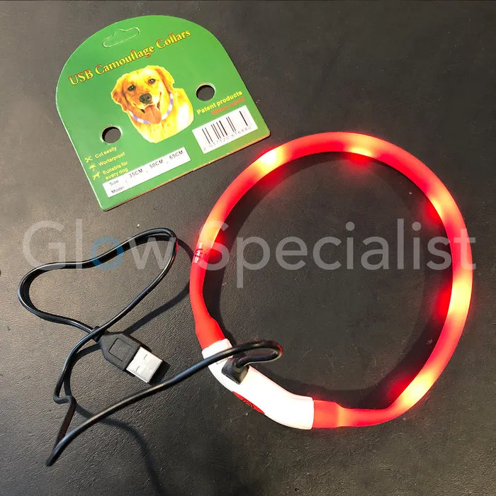 LED DOG COLLAR - RECHARGEABLE WITH USB CABLE - RED - 3 SIZES