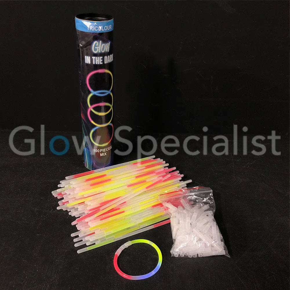 Glow Specialist Glowarmbandjes Tricolor – Koker met 100 stuks – Glowsticks / Breaklights – Lange brandduur