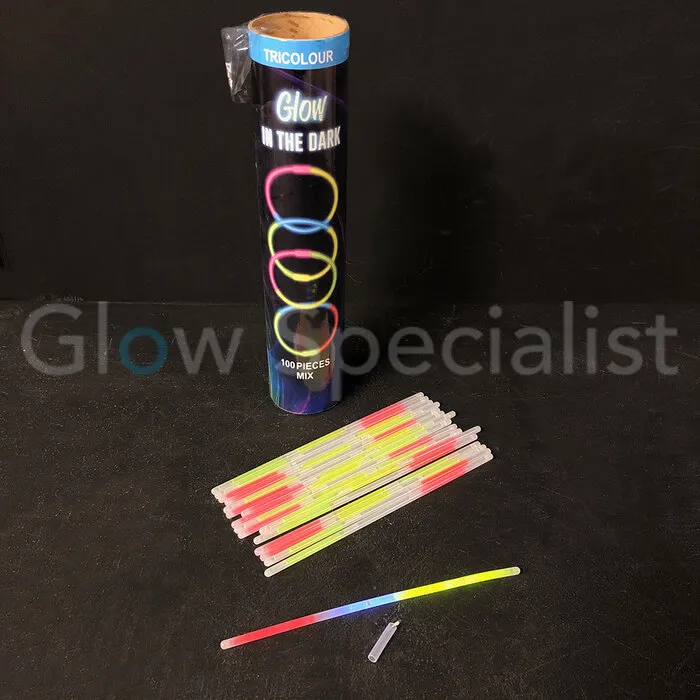 Glow Specialist Glow Bracelets Tricolor – Tube of 100 – Glowsticks / Breaklights – Long glow duration