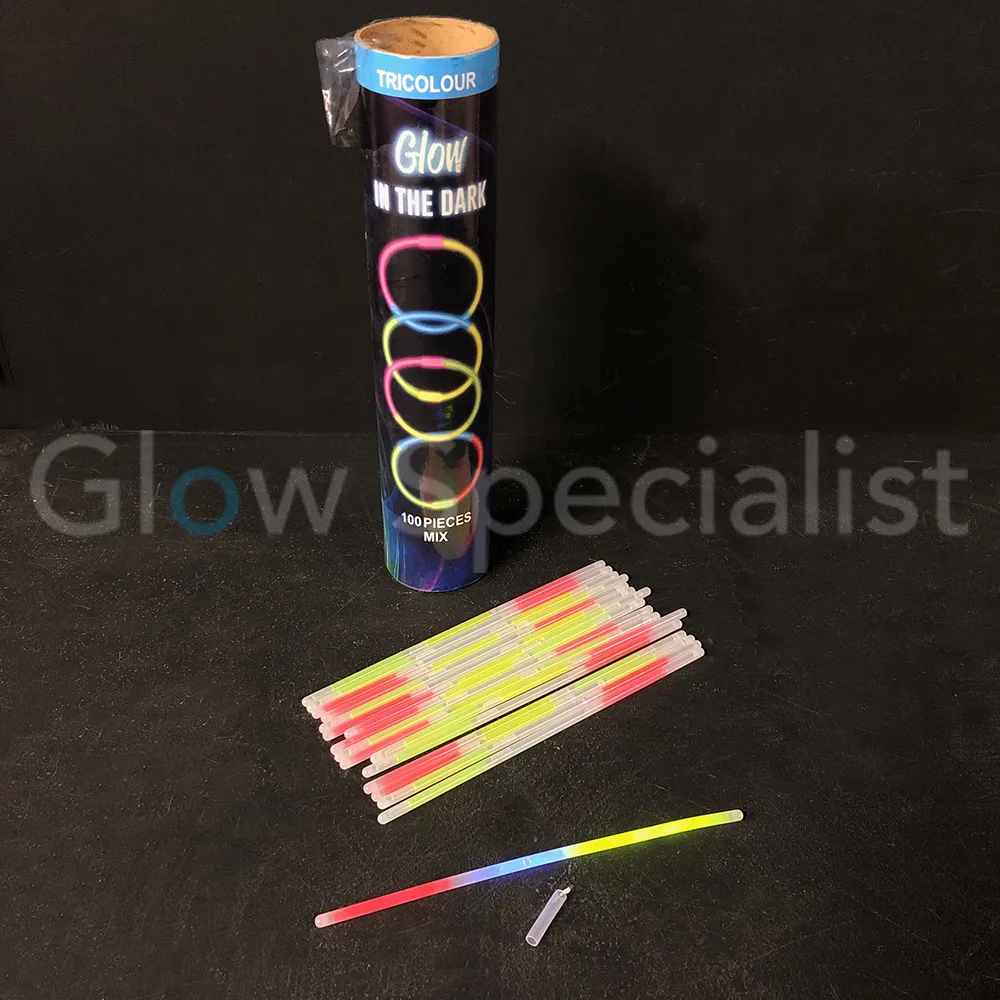 Glow Specialist Glowarmbandjes Tricolor – Koker met 100 stuks – Glowsticks / Breaklights – Lange brandduur