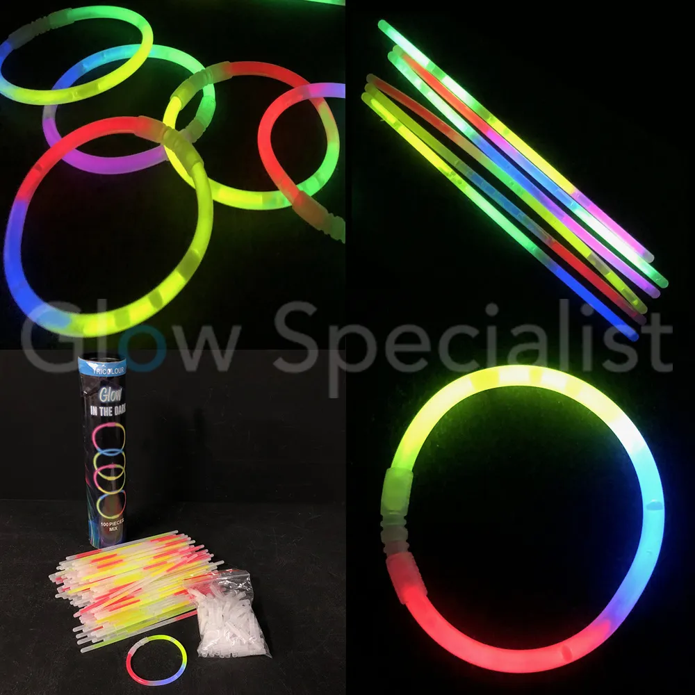 Glow Specialist Glow Bracelets Tricolor – Tube of 100 – Glowsticks / Breaklights – Long glow duration