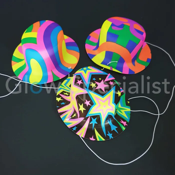 UV / BLACKLIGHT FEESTHOEDJES - RETRO - SET VAN 3