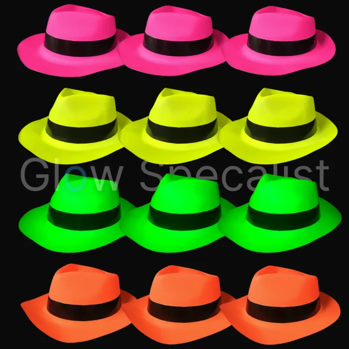 UV / BLACKLIGHT GANGSTER HAT - MIX OF COLORS - 12 PIECES
