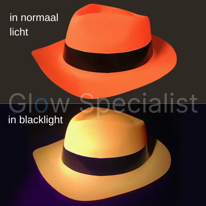 UV / BLACKLIGHT GANGSTER HOED - NEON ORANJE - 12 STUKS
