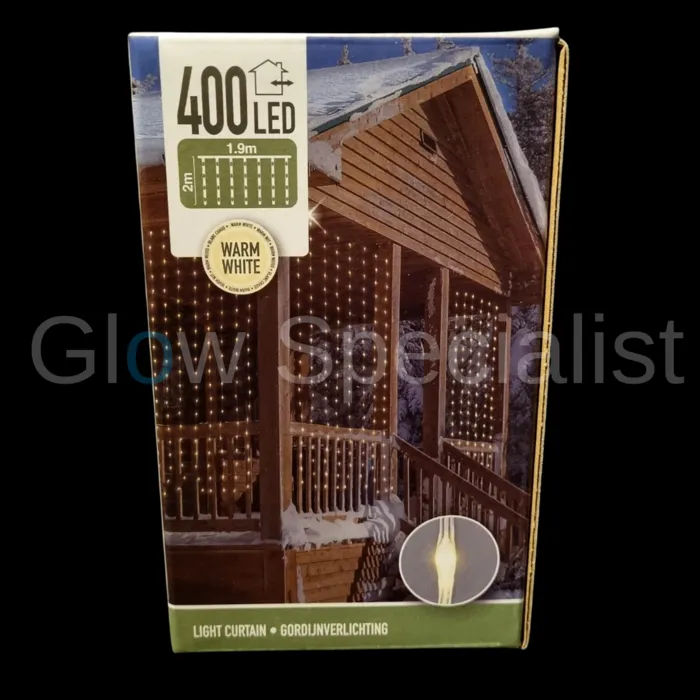LED GORDIJNVERLICHTING  - 8 FUNCTIES - 400 LEDS - 1.90 M - WARM WIT - IP44