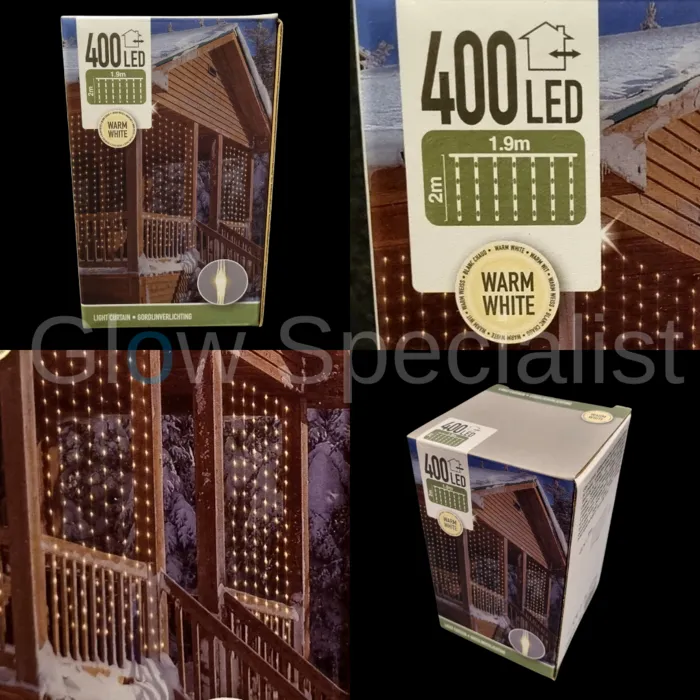 LED GORDIJNVERLICHTING  - 8 FUNCTIES - 400 LEDS - 1.90 M - WARM WIT - IP44