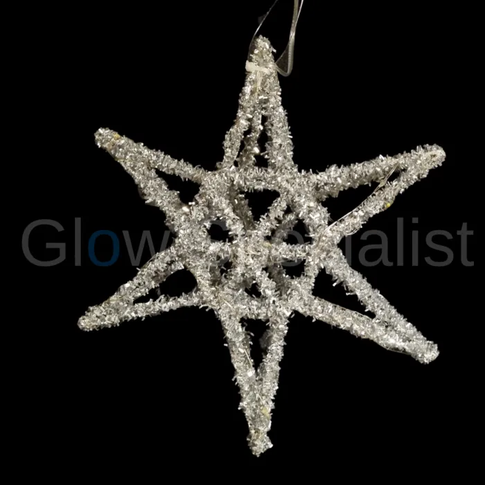 SILVER TINSEL LED STAR - 20 CM - WITH TIMER - 15 LED