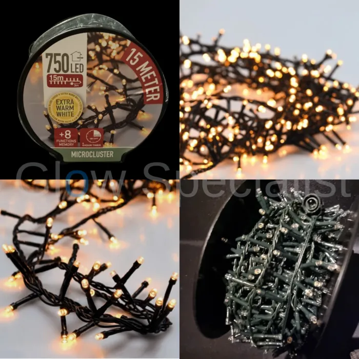LED CLUSTER LIGHTING - 750 LIGHTS - EXTRA WARM WHITE - WITH 8 LIGHT FUNCTIONS AND TIMER