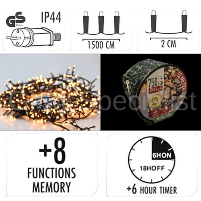 LED CLUSTER LIGHTING - 750 LIGHTS - EXTRA WARM WHITE - WITH 8 LIGHT FUNCTIONS AND TIMER