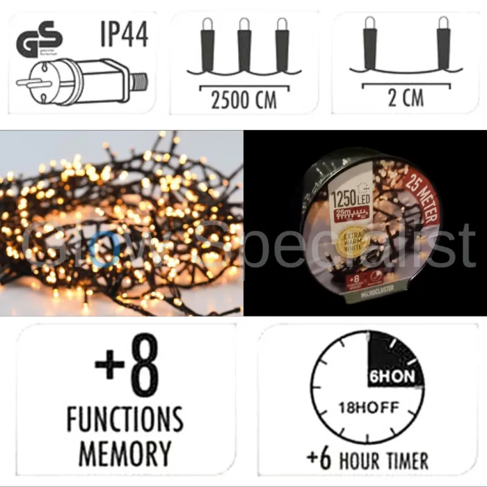 LED CLUSTER LIGHTING - 1250 LIGHTS - EXTRA WARM WHITE - WITH 8 LIGHT FUNCTIONS AND TIMER