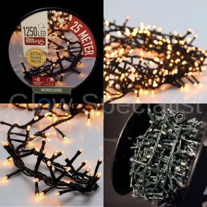 LED CLUSTER LIGHTING - 1250 LIGHTS - EXTRA WARM WHITE - WITH 8 LIGHT FUNCTIONS AND TIMER