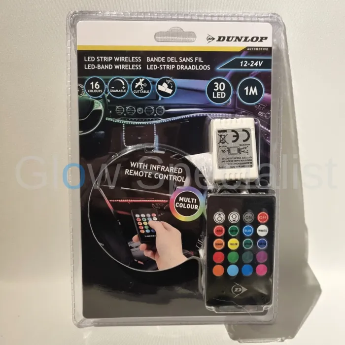 Dunlop Dunlop Draadloze Auto LED Strip – 1 Meter – 30 Multicolor LEDs – 12/24V – Inclusief Afstandsbediening