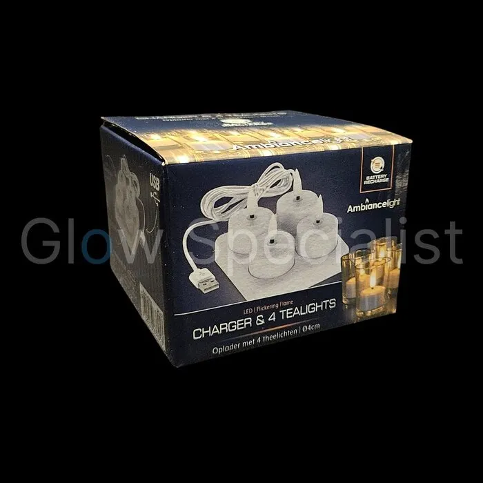 Glow Specialist 4 OPLAADBARE LED THEELICHTEN - INCL. OPLADER - WIT
