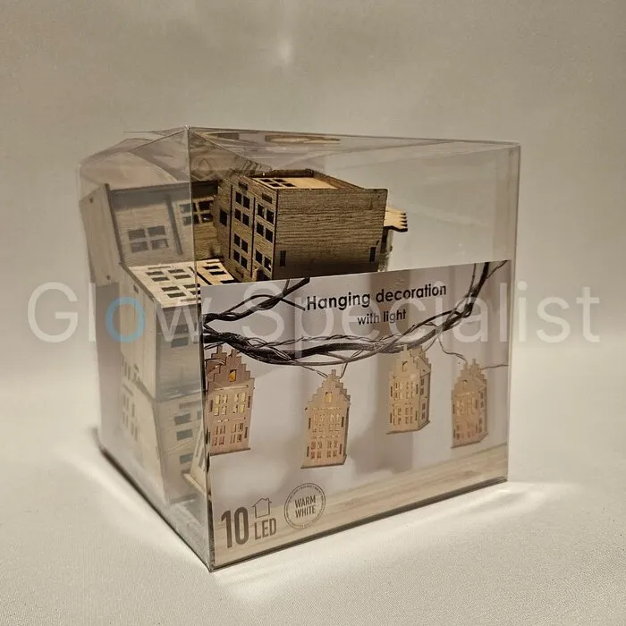 LED GARLAND WITH 10 WOODEN HOUSES - 150 CM - 10 LED - WARM WHITE