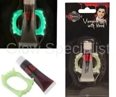 GLOW IN THE DARK VAMPIRE TEETH WITH FAKE BLOOD
