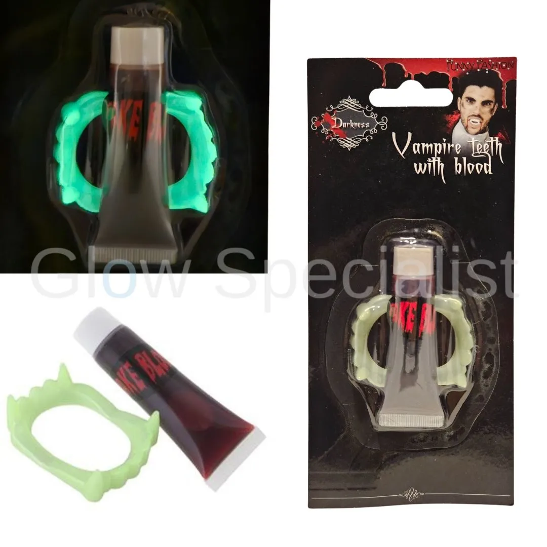 Glow in the Dark Vampier Tanden met Nepbloed – Lichtgevend Dracula Gebit – Halloween Gebitje met Bloed