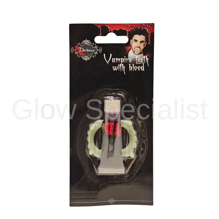 Glow in the Dark Vampire Teeth with Fake Blood – Light‑Up Dracula Fangs – Halloween Teeth Set